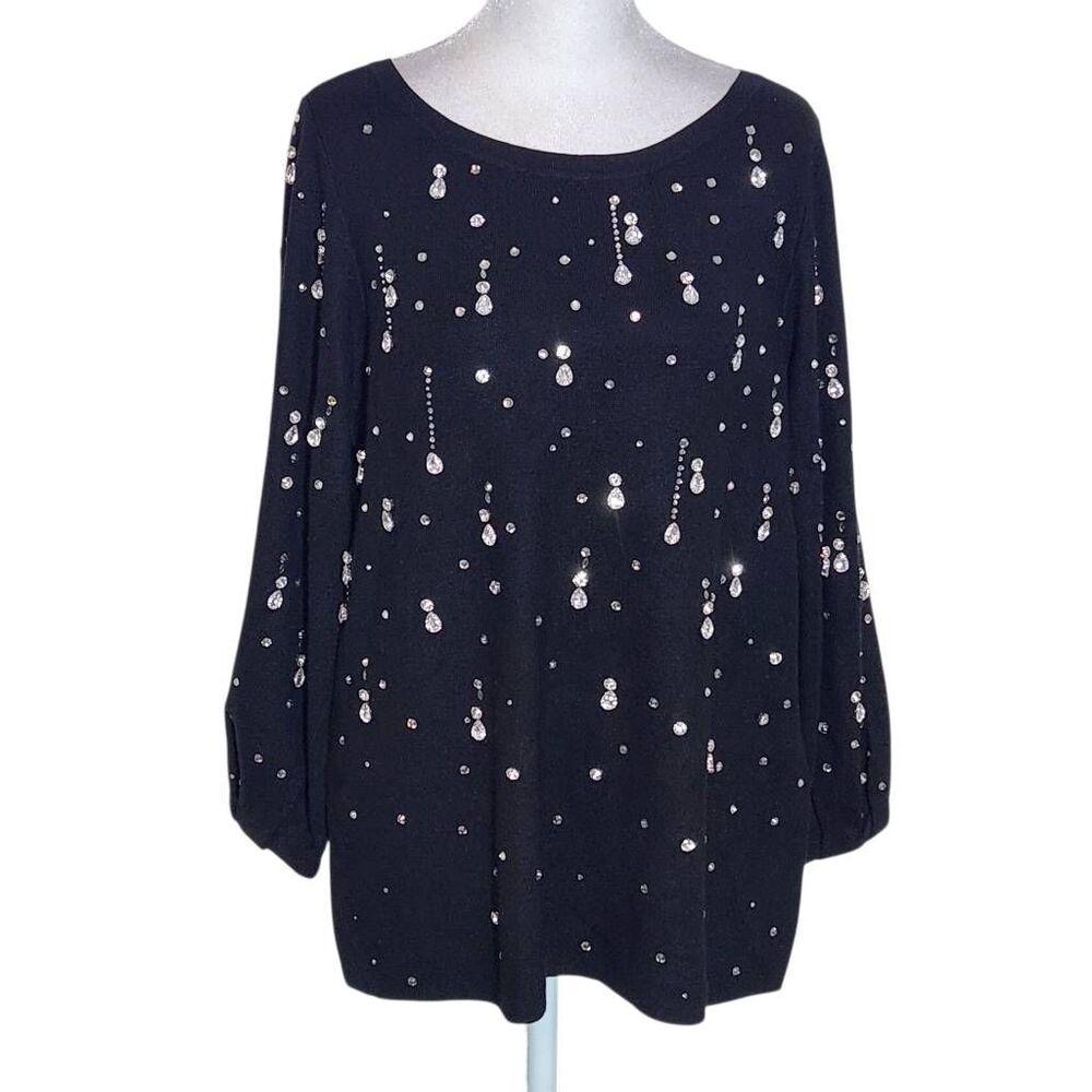 Chico's Black Drop Rhinestone Pullover Sweater NWT Size Medium Rhinestone Top
